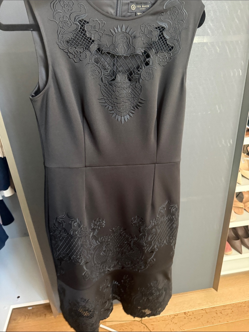 Ted Baker Black Sleeveless Embroidered Sheath Dress